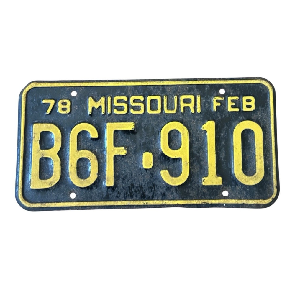 Vintage 1978 Missouri License Plate B6F-910 Feb Black Yellow MO Auto Tag ALPCA
